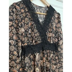 S Paisley Print Lace Trim Ruffled Mini Dress NEW Cupshe Black Brown Boho Cottage